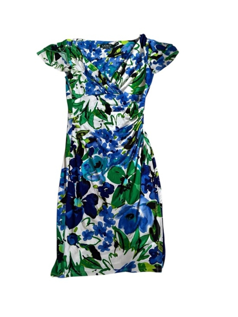 Lauren Ralph Lauren Cannes Blue Floral Flutter Sleeve Matte Jersey Dress Size 2